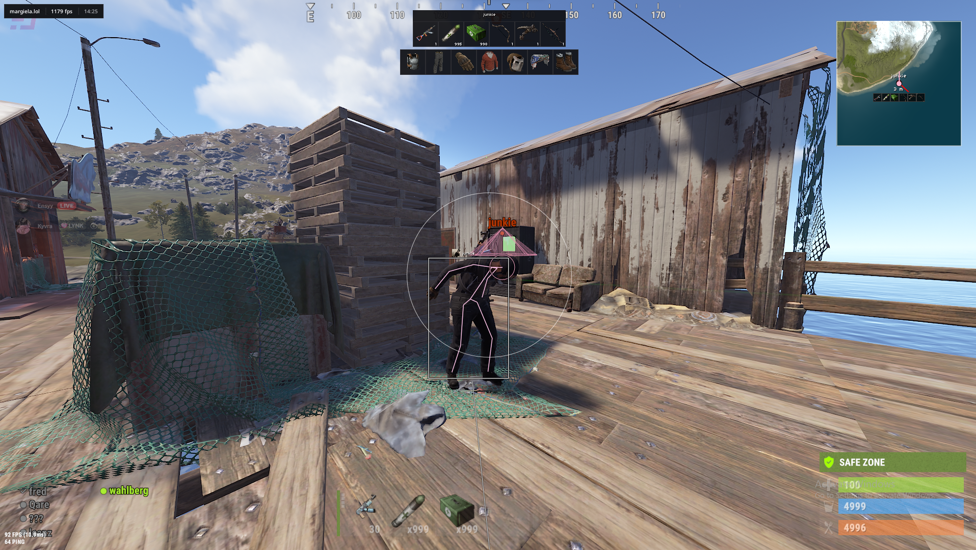 Rust gameplay with margiela player boxes, skeleton, inventory and clothing belts, and map radar.